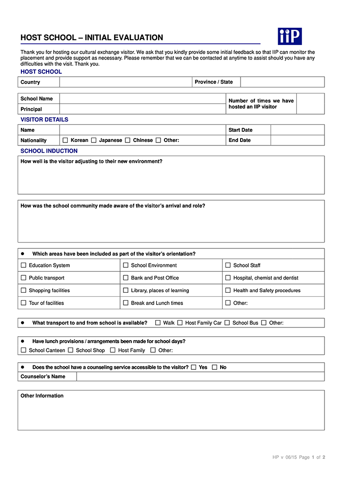 HOST SCHOOL – INITIAL EVALUATION_IIP